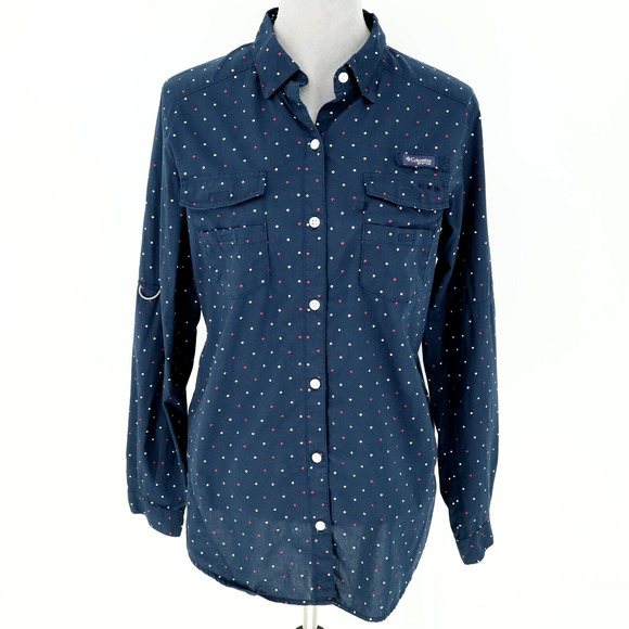 Columbia PFG Shirt Womens Medium Super Bonehead Blue Polka Dot Top Fishing - Picture 1 of 16